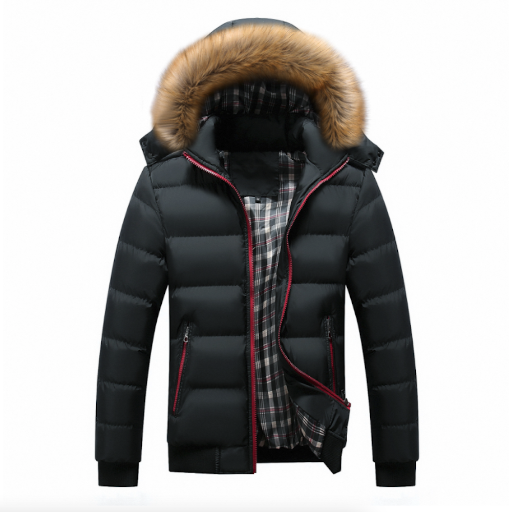 Two-Tone Hooded Men's Puffer Jacket — Removable Faux Fur Collar