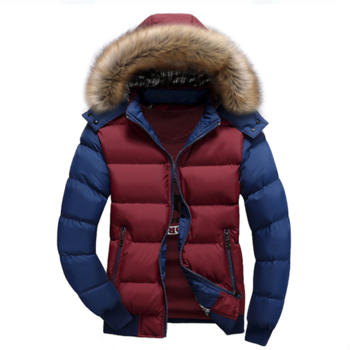 Two-Tone Hooded Men's Puffer Jacket — Removable Faux Fur Collar