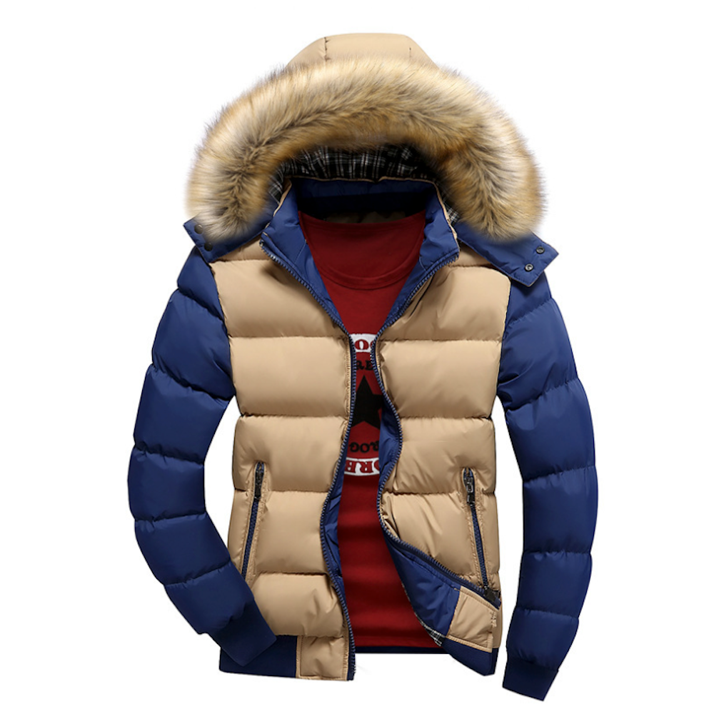 Two-Tone Hooded Men's Puffer Jacket — Removable Faux Fur Collar