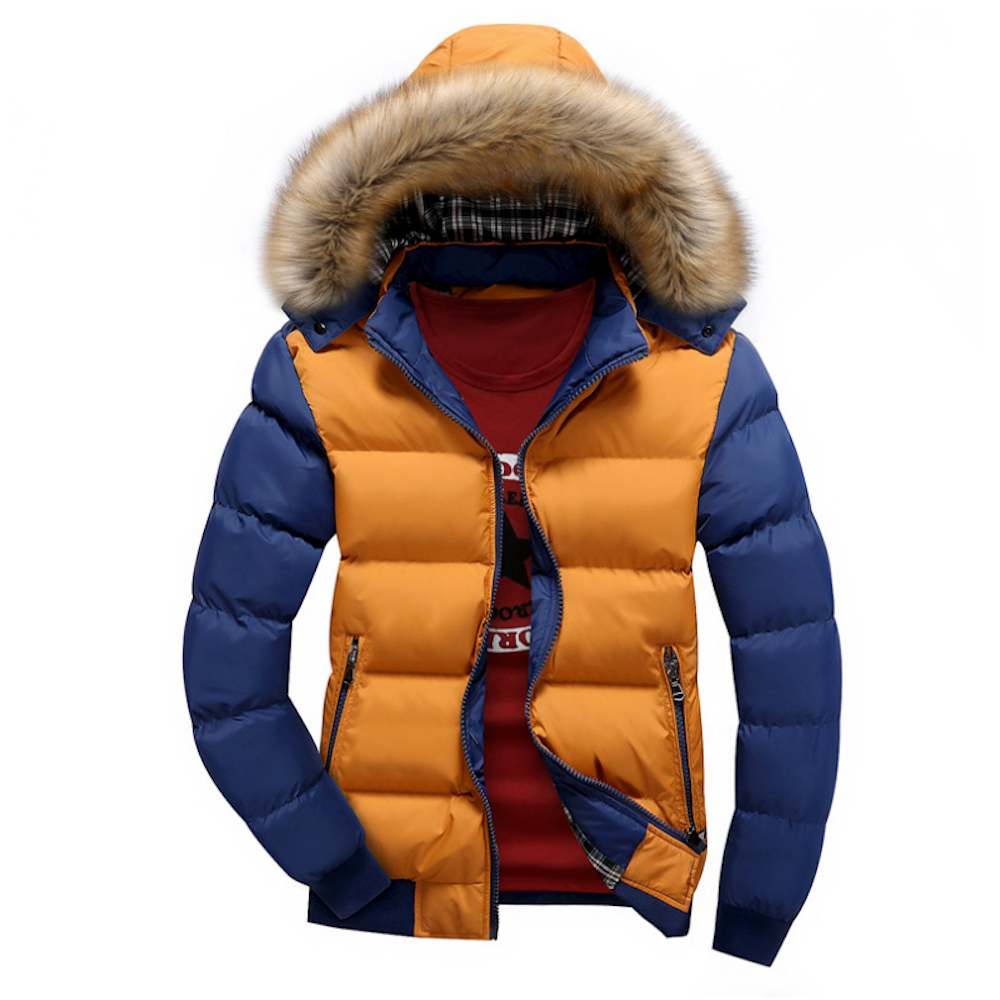 Two-Tone Hooded Men's Puffer Jacket — Removable Faux Fur Collar